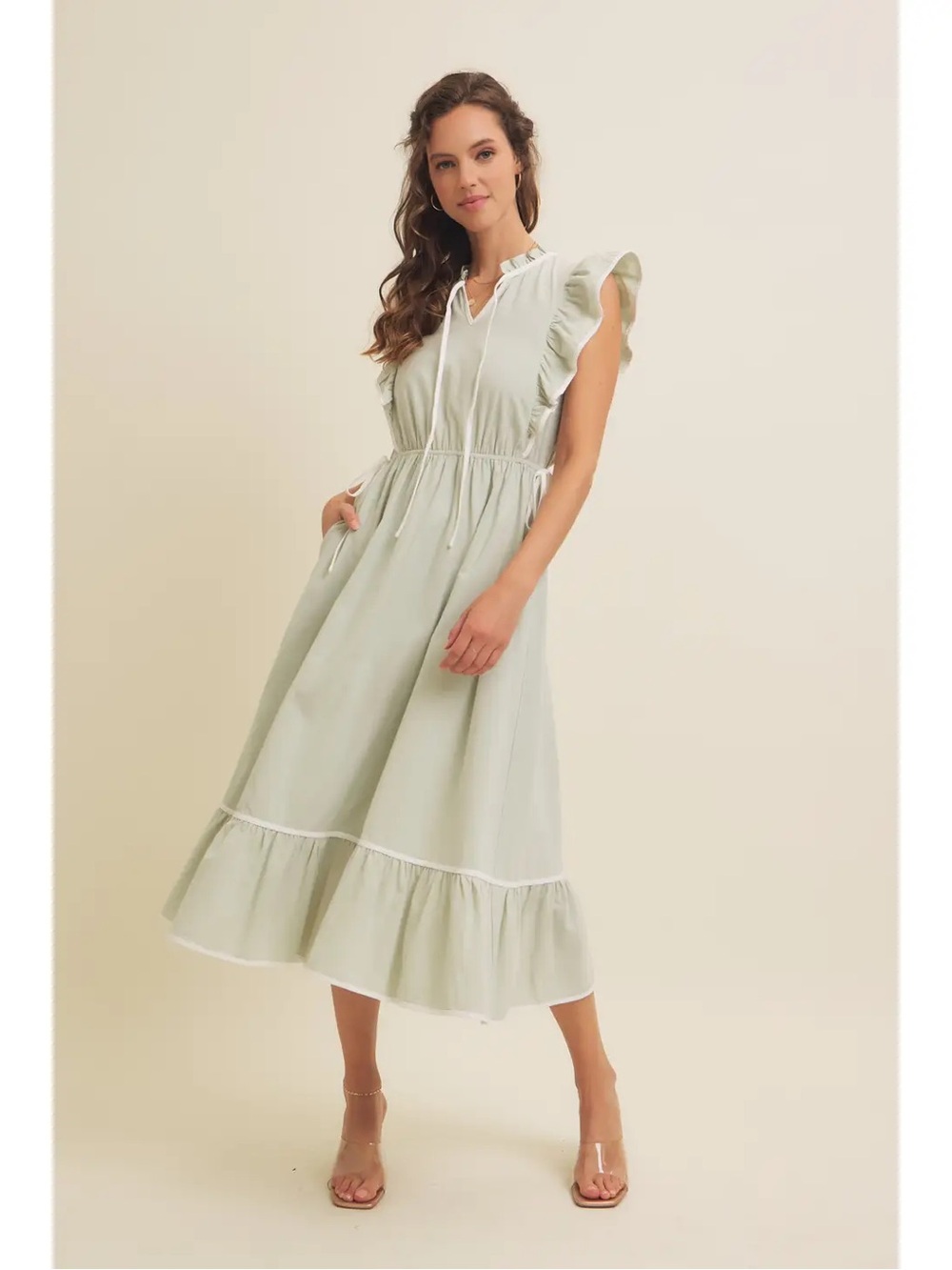 Sleeveless Ruffle Midi Dress in Soft Sage